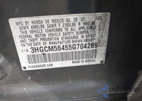 2005 Honda Accord 2.4 Lx from USA, damaged, VIN 3HGCM56455G704269